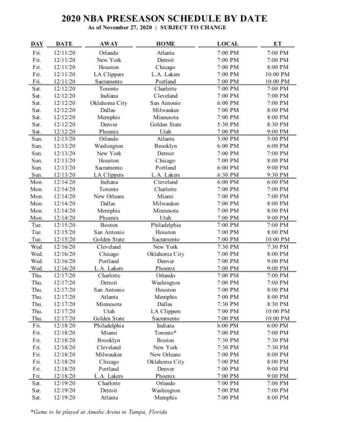 湖人2020全部赛程表(NBA公布完整季前赛赛程：湖人两战快船)