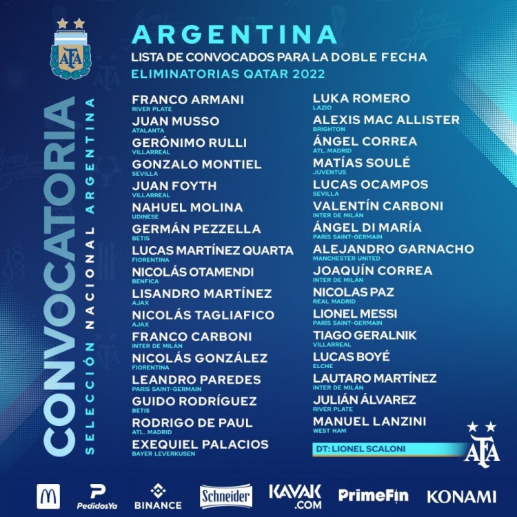 阿根廷足球队(阿根廷新一期大名单：梅西领衔，迪马利亚、劳塔罗、德保罗在列)