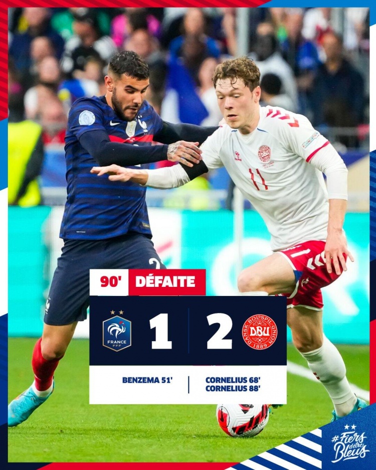 世界杯直播法国对丹麦(欧国联-本泽马破门科内柳斯双响 绝杀姆巴佩伤退 法国1-2丹麦)